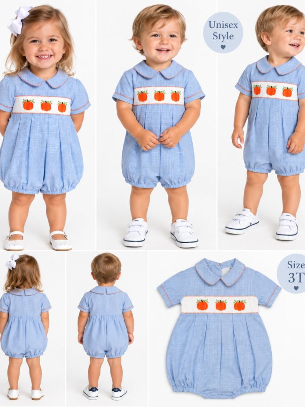 Unisex Toddler 3T Pumpkin Smocked Romper Blue Gingham Fall Southern Heirloom